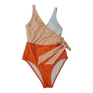 New Cupshe Colorblock One Piece Swimsuit Orange Peach‎ Tie Waist Summer Size S